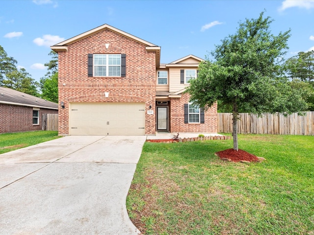 traditional-style home with brick siding, fence, a front lawn, concrete driveway, and an attached garage