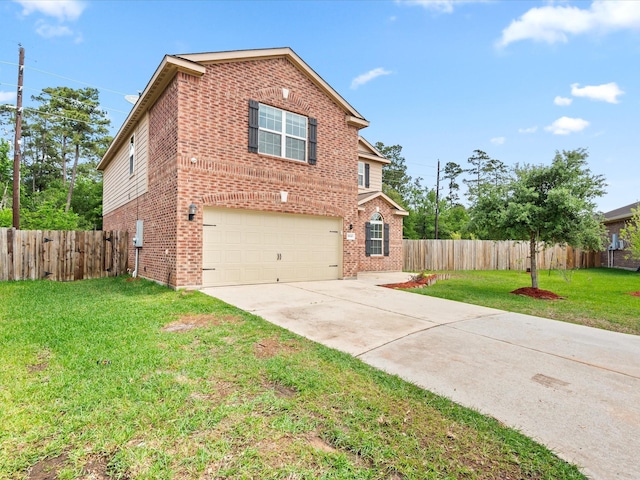 view of front of home with a front lawn, brick siding, concrete driveway, an attached garage, and fence