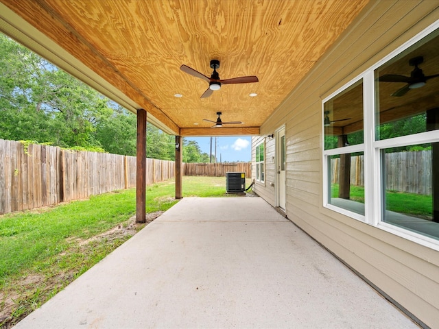 view of patio featuring central AC, a fenced backyard, and a ceiling fan