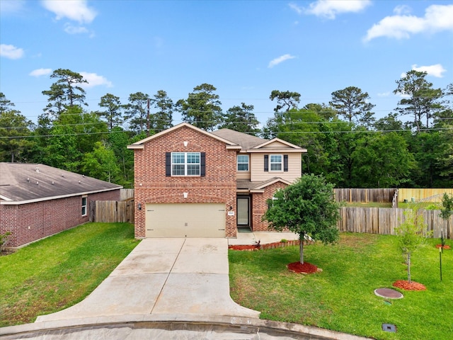 view of front of property with a front lawn, brick siding, concrete driveway, an attached garage, and fence