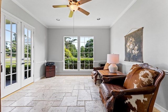 33802 Thousand Oaks Blvd, Magnolia, TX 77354 - sitting room featuring french doors, stone tile flooring, ornamental molding, a ceiling fan, and baseboards