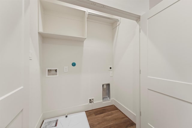 laundry room featuring baseboards, laundry area, hookup for an electric dryer, washer hookup, and dark wood-style floors