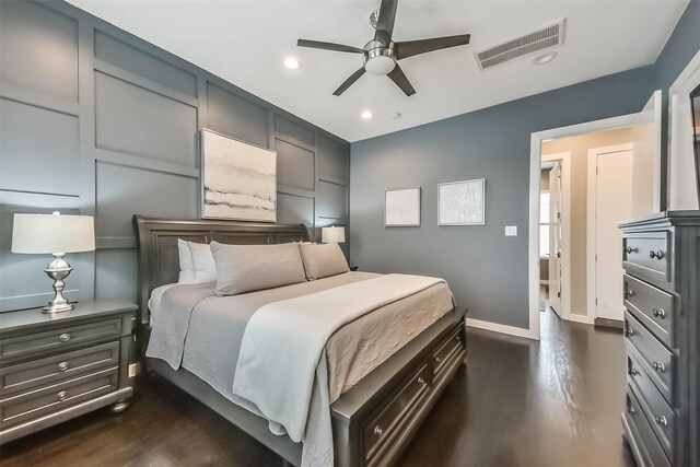 1812 Bingham St, Houston, TX 77007 - bedroom featuring recessed lighting, baseboards, visible vents, a ceiling fan, and dark wood-type flooring
