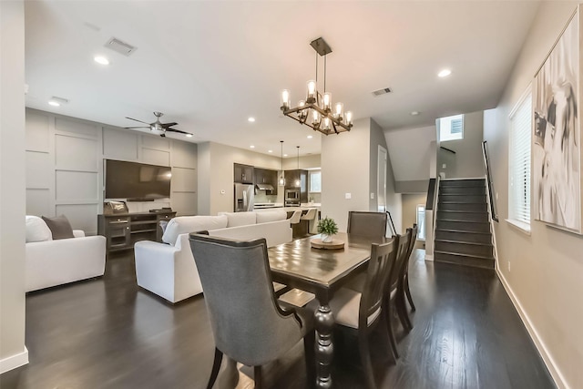 1812 Bingham St, Houston, TX 77007 - dining room with visible vents, a healthy amount of sunlight, dark wood-style floors, and ceiling fan with notable chandelier