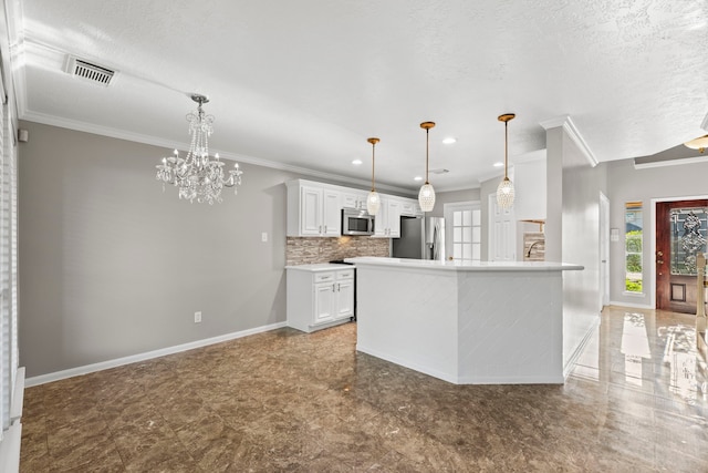 kitchen with recessed lighting, tasteful backsplash, crown molding, visible vents, and appliances with stainless steel finishes