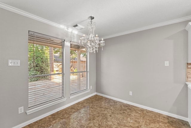 unfurnished dining area with crown molding, a notable chandelier, baseboards, and visible vents