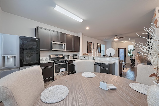 4807 Purple Wisteria Ln, Spring, TX 77373 - kitchen featuring stainless steel appliances, a peninsula, a ceiling fan, decorative backsplash, and wood finished floors