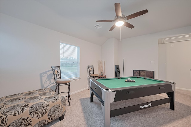 4807 Purple Wisteria Ln, Spring, TX 77373 - recreation room with attic access, light carpet, baseboards, a ceiling fan, and vaulted ceiling