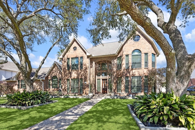 english style home featuring a front yard and brick siding