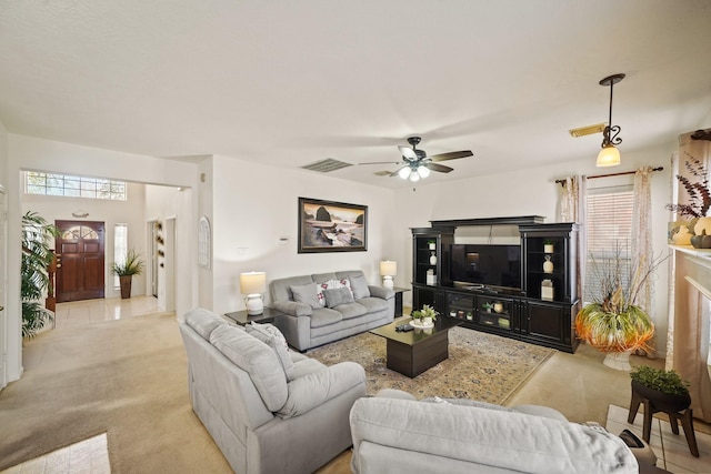 13823 Eldridge Garden Cir, Houston, TX 77083 - living room with ceiling fan, carpet flooring, and visible vents