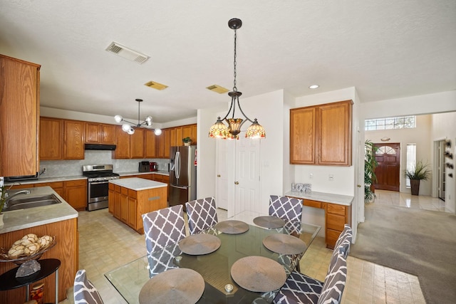 13823 Eldridge Garden Cir, Houston, TX 77083 - dining room with light floors, recessed lighting, a chandelier, and visible vents