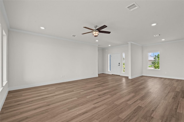 unfurnished living room featuring recessed lighting, a ceiling fan, visible vents, and wood finished floors