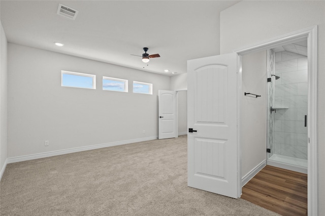 interior space with visible vents, a ceiling fan, baseboards, and recessed lighting