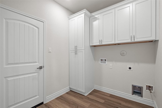 laundry room with gas dryer hookup, electric dryer hookup, wood finished floors, baseboards, and hookup for a washing machine