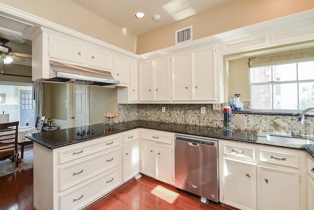 kitchen featuring stainless steel dishwasher, visible vents, dark wood-type flooring, under cabinet range hood, and a sink