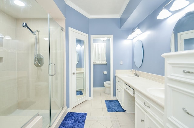 3114 E Ashfield Dr, Houston, TX 77082 - full bathroom with a shower stall, toilet, double vanity, tile patterned flooring, and ornamental molding