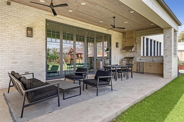 2023 Drexel Dr, Houston, TX 77027 - view of patio / terrace featuring outdoor dining area, a sink, a grill, exterior kitchen, and a ceiling fan