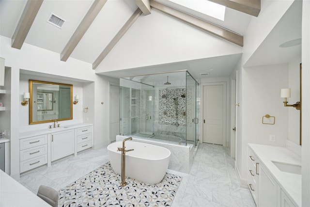 2023 Drexel Dr, Houston, TX 77027 - full bathroom featuring a shower stall, marble finish floor, two vanities, visible vents, and a skylight