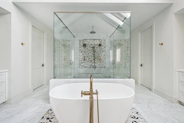 2023 Drexel Dr, Houston, TX 77027 - bathroom with a stall shower, a soaking tub, and baseboards
