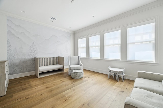 2023 Drexel Dr, Houston, TX 77027 - sitting room featuring baseboards, visible vents, hardwood / wood-style flooring, and ornamental molding