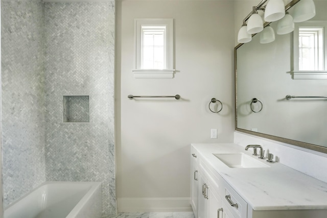 2023 Drexel Dr, Houston, TX 77027 - full bathroom with vanity, shower / bathtub combination, marble finish floor, and baseboards