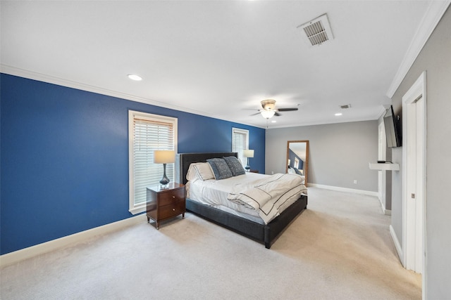 bedroom with visible vents, crown molding, baseboards, carpet, and recessed lighting
