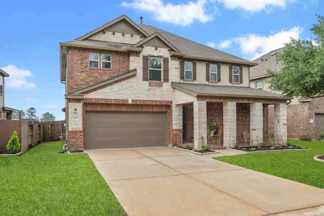 view of front of property featuring a front yard, a garage, fence, concrete driveway, and stone siding