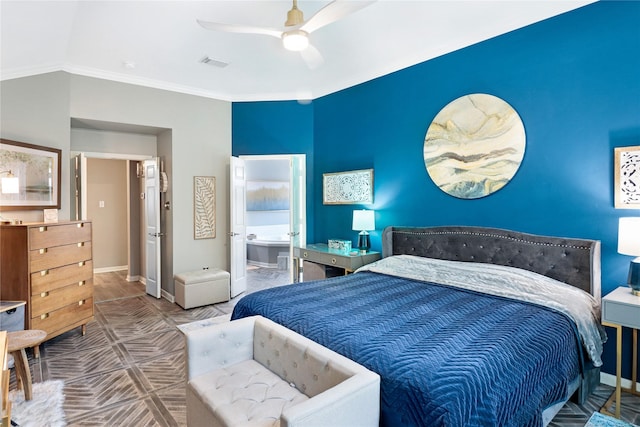 bedroom with connected bathroom, ornamental molding, ceiling fan, baseboards, and visible vents