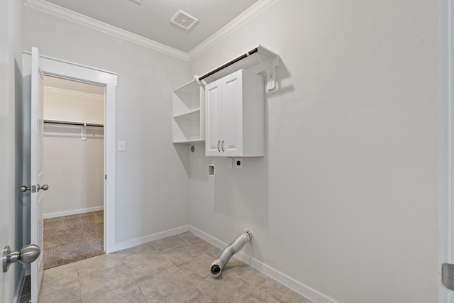 clothes washing area with visible vents, ornamental molding, baseboards, electric dryer hookup, and cabinet space
