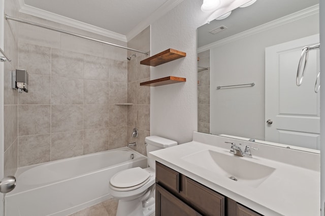 full bath featuring visible vents, ornamental molding, vanity, tub / shower combination, and toilet
