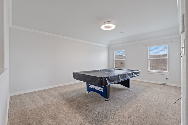 rec room with crown molding, pool table, and carpet flooring