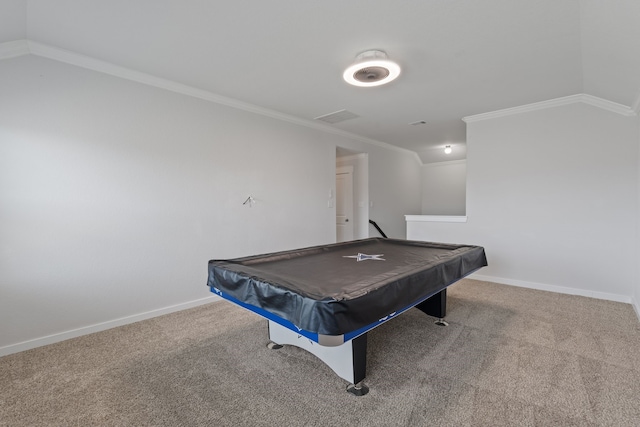game room featuring carpet floors, ornamental molding, baseboards, and pool table