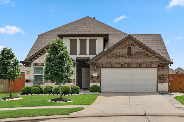 view of front of property featuring fence, roof with shingles, brick siding, a garage, and concrete driveway