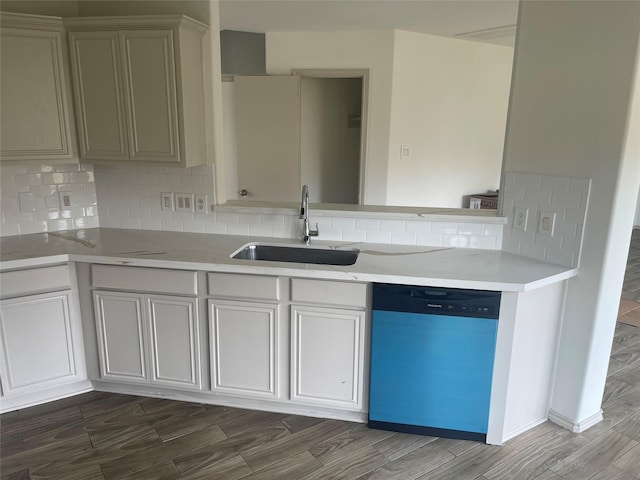 kitchen featuring backsplash, a sink, dishwashing machine, and dark wood-type flooring