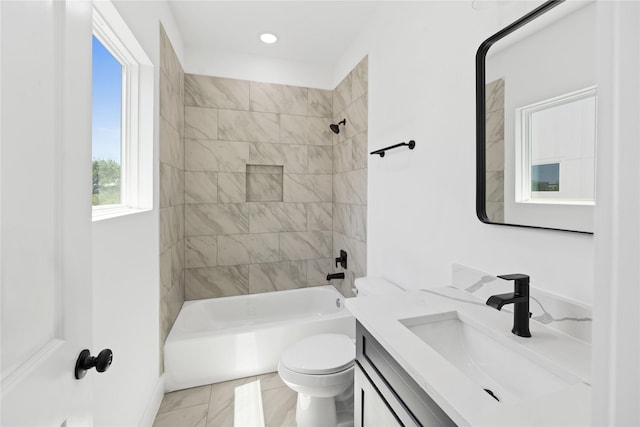 bathroom with recessed lighting, vanity, toilet, marble finish floor, and tub / shower combination