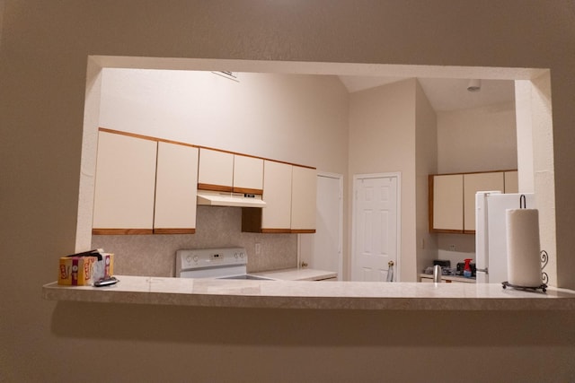 1527 Carbonear Dr, Channelview, TX 77530 - kitchen featuring stove, tasteful backsplash, freestanding refrigerator, under cabinet range hood, and light countertops