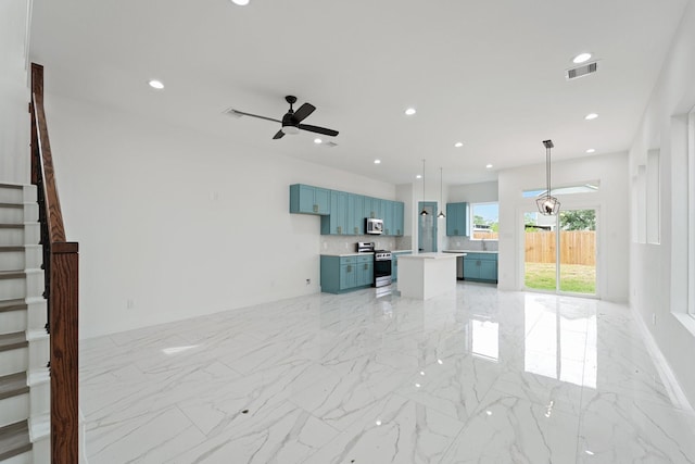 unfurnished living room featuring recessed lighting, stairway, marble finish floor, ceiling fan, and visible vents
