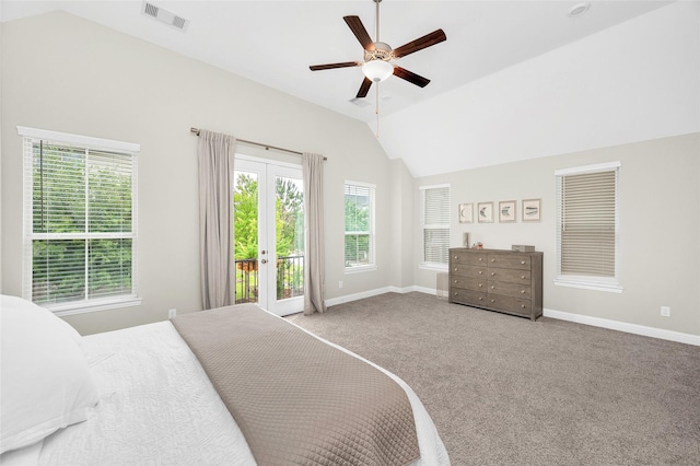 carpeted bedroom with baseboards, visible vents, access to exterior, and lofted ceiling
