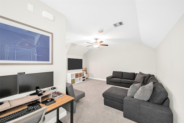 1705 Red Oak Point Dr, Houston, TX 77055 - living room featuring lofted ceiling, carpet floors, ceiling fan, and baseboards