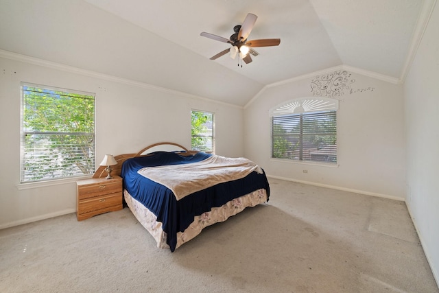 bedroom with baseboards, a ceiling fan, carpet flooring, and lofted ceiling
