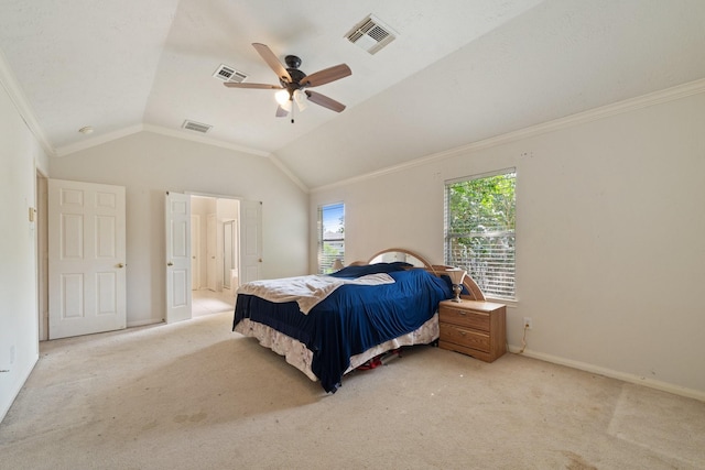 carpeted bedroom with visible vents, ornamental molding, baseboards, and vaulted ceiling