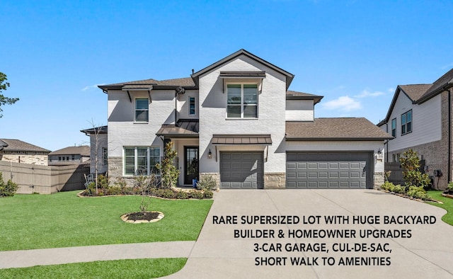 17907 Aqua Haven Ln, Conroe, TX 77302 - prairie-style house featuring fence, stone siding, a front yard, concrete driveway, and an attached garage