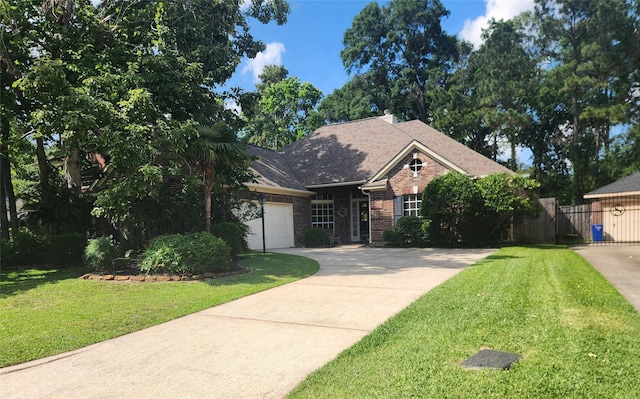 view of front facade featuring a garage, brick siding, fence, a front lawn, and concrete driveway