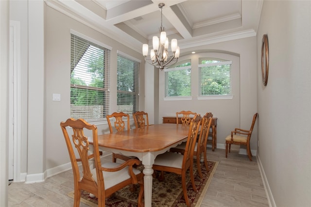dining space with crown molding, an inviting chandelier, beam ceiling, light wood finished floors, and coffered ceiling