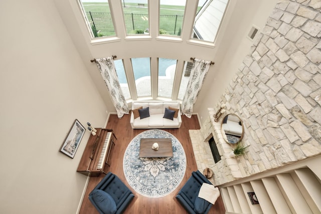 interior space featuring a towering ceiling and wood finished floors