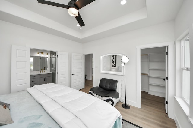 bedroom featuring a spacious closet, wood finished floors, multiple windows, and a tray ceiling