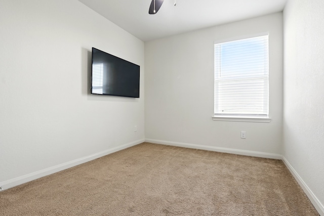 unfurnished room featuring a wealth of natural light, ceiling fan, and carpet flooring