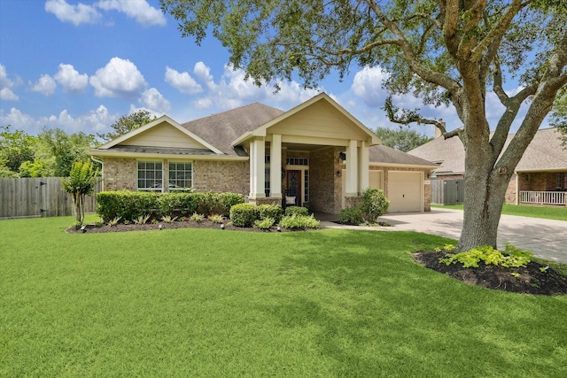 single story home featuring a front yard, driveway, an attached garage, and fence