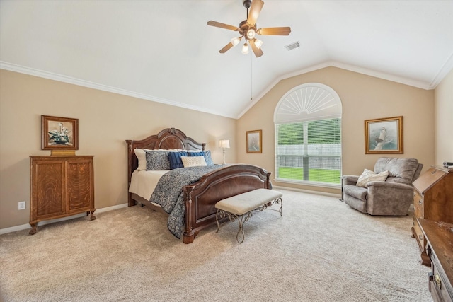 carpeted bedroom with visible vents, a ceiling fan, vaulted ceiling, and baseboards