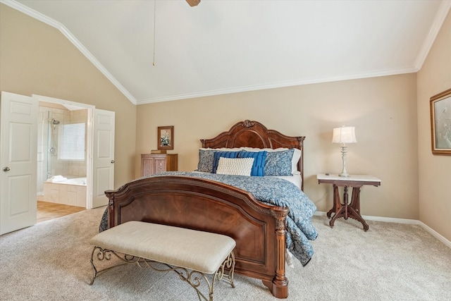 bedroom featuring connected bathroom, vaulted ceiling, light carpet, baseboards, and crown molding